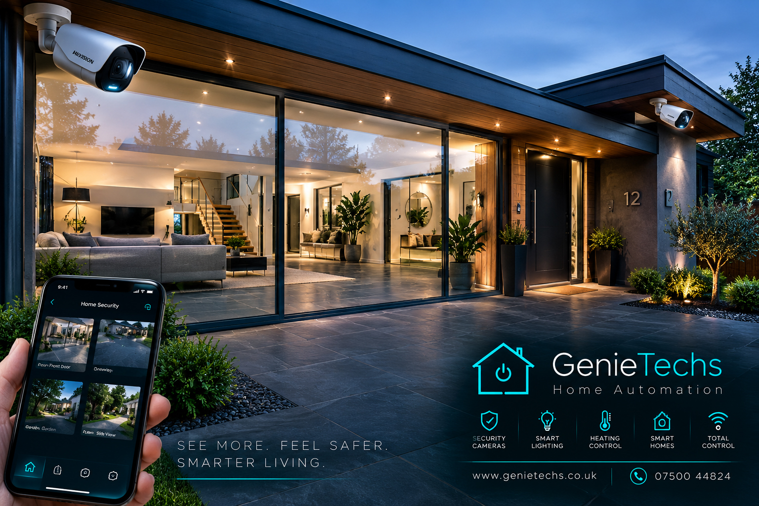 An outdoor security camera and a smart video doorbell beside a front door
