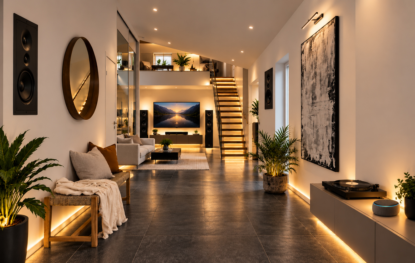 Smart bulbs and lamps giving a warm, dimmed light in a living room