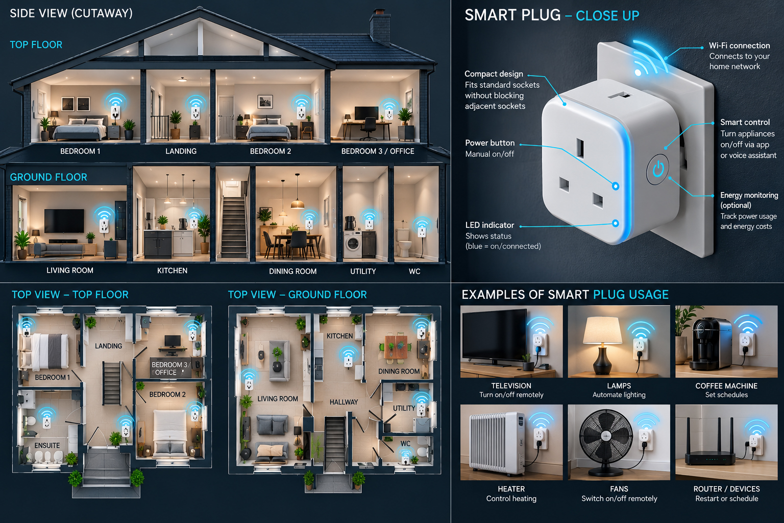 A smart plug powering a kettle on a kitchen worktop